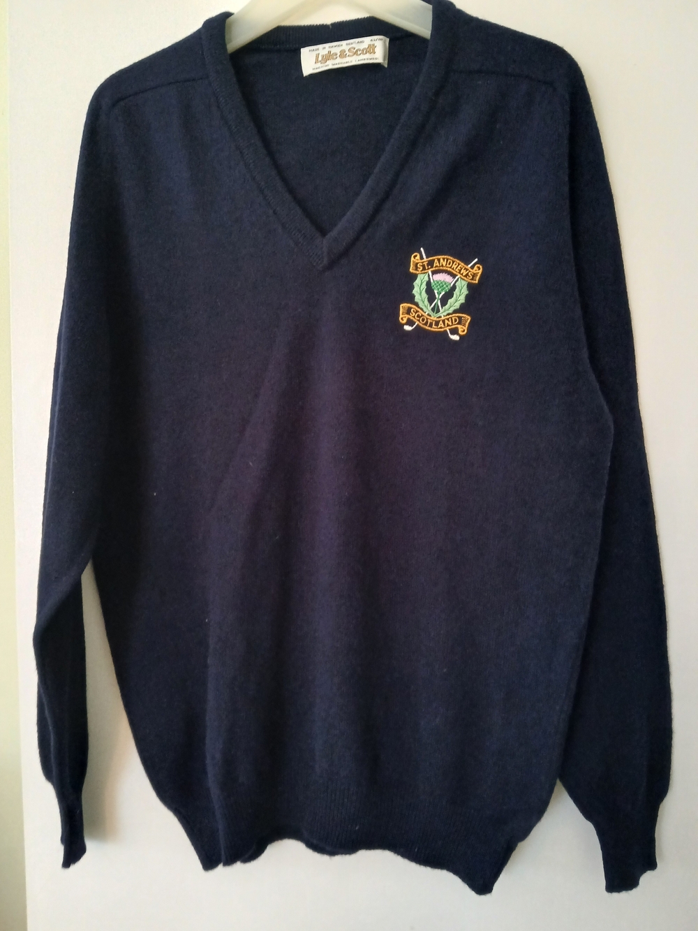 St. Andrew's Golf Crest Lyle & Scott Navy V-Neck Sweater with Embroidered Crest